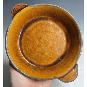 Antique Pottery Yellow Ware Glazed Handled Pie Plate Pan Primitive Glazed Rustic